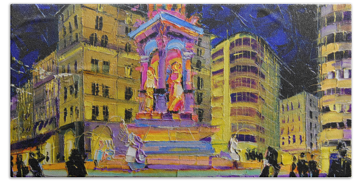 Jacobins Fountain During The Festival Of Lights Beach Towel featuring the painting Jacobins Fountain During The Festival Of Lights In Lyon France by Mona Edulesco