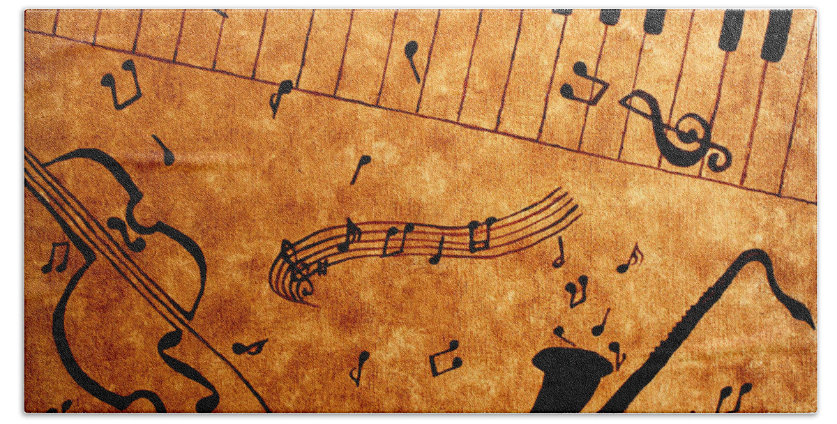 Abstract Jazz Music Beach Towel featuring the painting Jazz Music Coffee Painting by Georgeta Blanaru