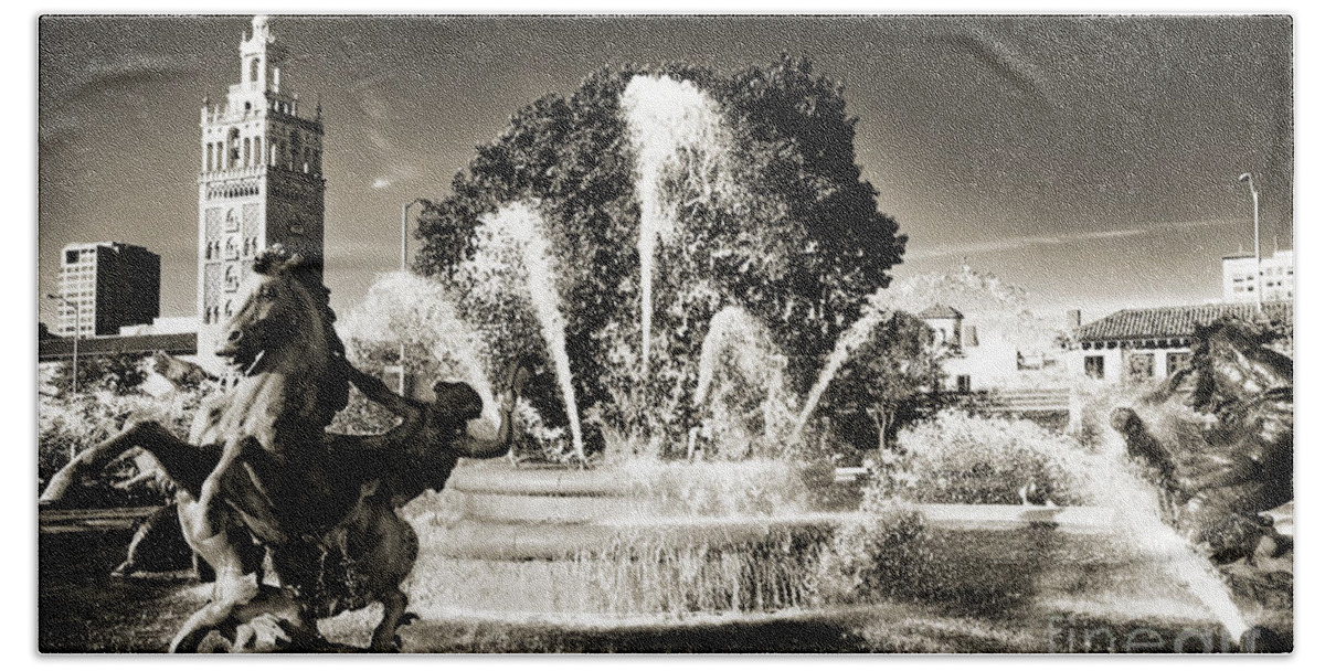 Kansas City Beach Towel featuring the photograph JC Nichols Memorial Fountain BW 1 by Andee Design