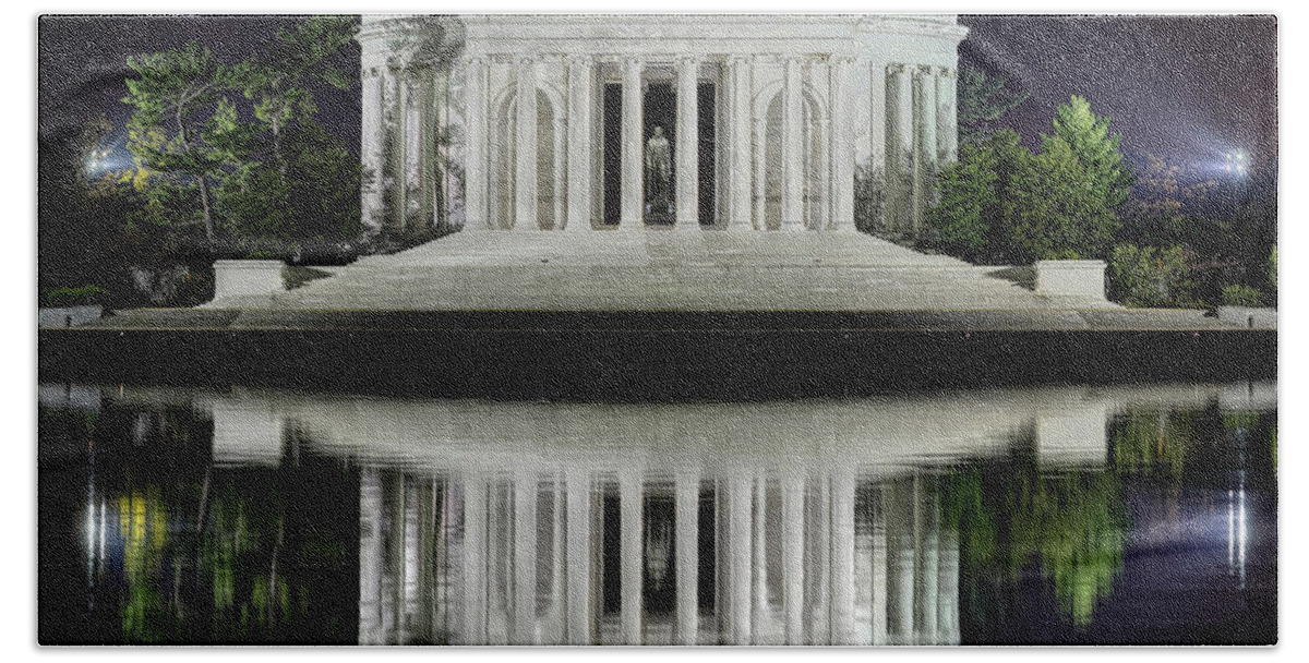 Water Beach Towel featuring the photograph Jefferson Memorial - Night Reflection by Metro DC Photography