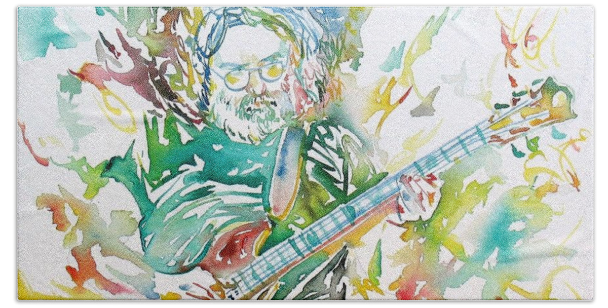Jerry Beach Sheet featuring the painting JERRY GARCIA PLAYING the GUITAR watercolor portrait.1 by Fabrizio Cassetta