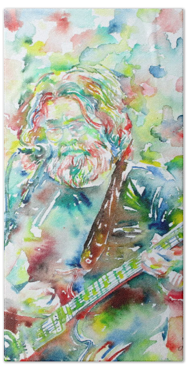 Jerry Beach Sheet featuring the painting JERRY GARCIA PLAYING the GUITAR watercolor portrait.2 by Fabrizio Cassetta