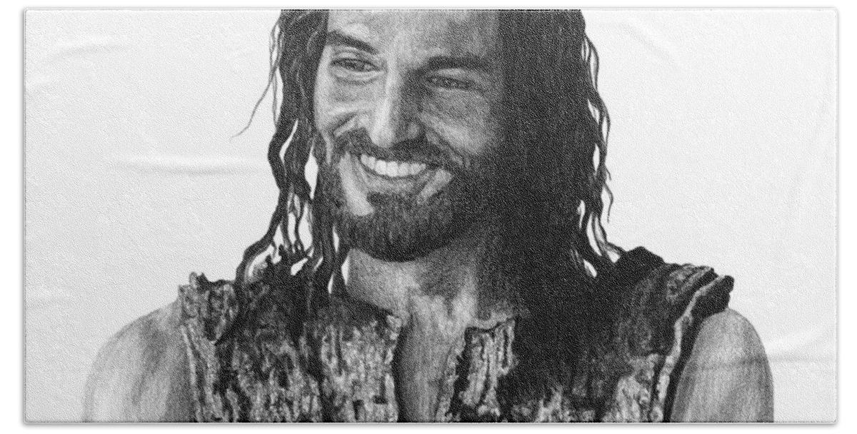 Drawing Beach Towel featuring the drawing Jesus Smiling by Bobby Shaw