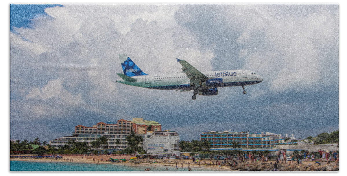 Etblue Beach Sheet featuring the photograph jetBlue in St. Maarten by David Gleeson