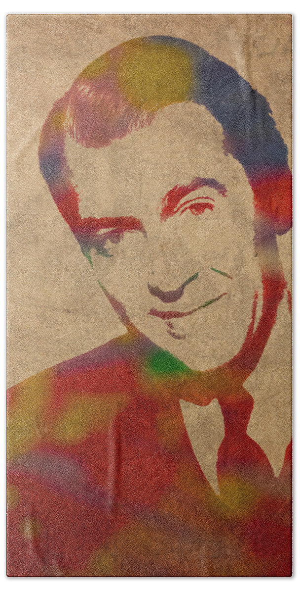 Jimmy Beach Towel featuring the mixed media Jimmy Stewart Watercolor Portrait on Worn Distressed Canvas by Design Turnpike
