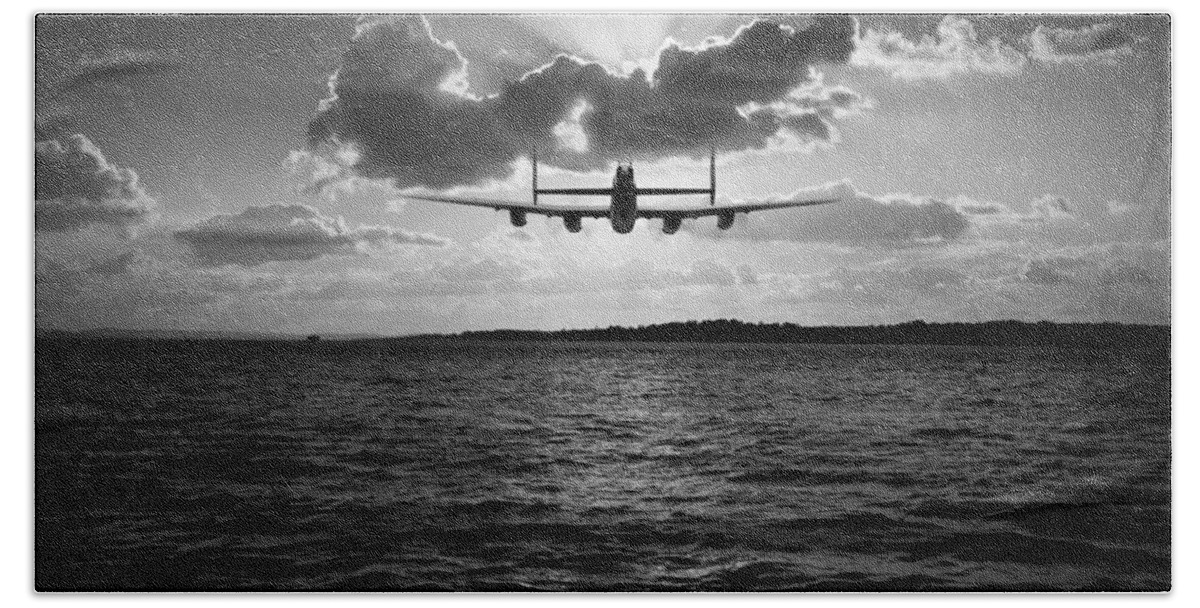 Avro Lancaster Beach Towel featuring the photograph Job done low-level Lancaster black and white by Gary Eason