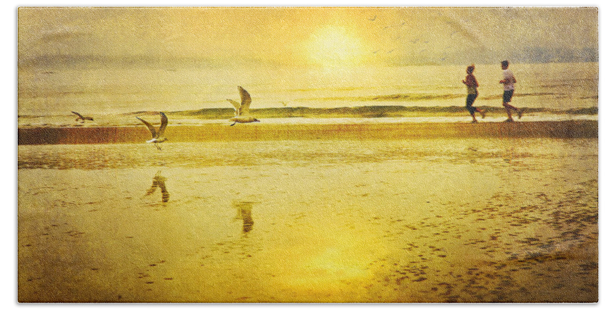 Beach Beach Towel featuring the photograph Jogging On Beach With Gulls by Theresa Tahara