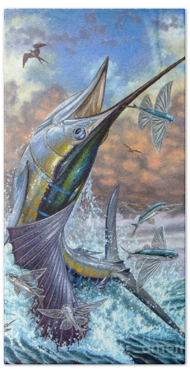 Flying Fishes Beach Sheet featuring the painting Jumping Sailfish And Flying Fishes by Terry Fox