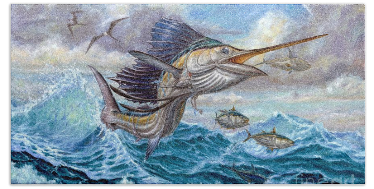 Sailfish Small Tuna Beach Towel featuring the painting Jumping Sailfish And Small Fish by Terry Fox