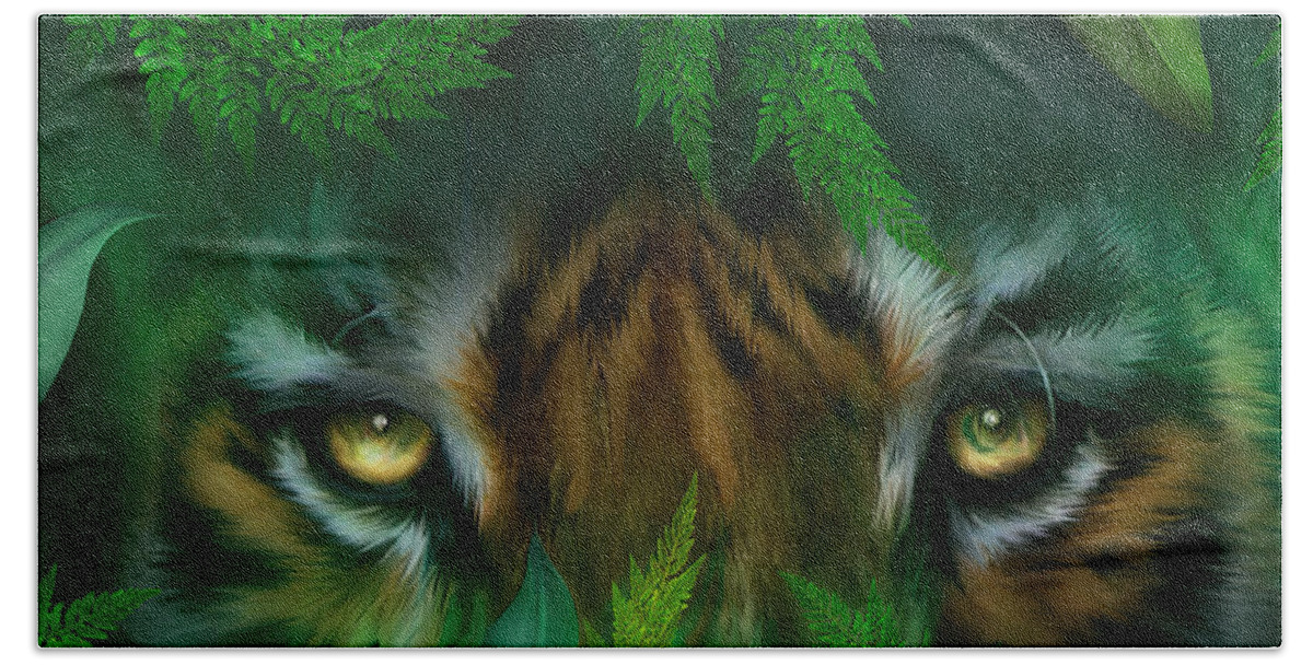 Tiger Beach Towel featuring the mixed media Jungle Eyes - Tiger by Carol Cavalaris