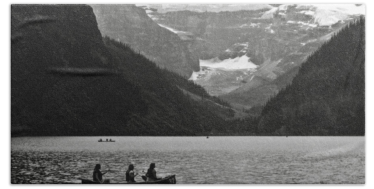 Lake Louise Beach Sheet featuring the photograph Kayak on Lake Louise by RicardMN Photography