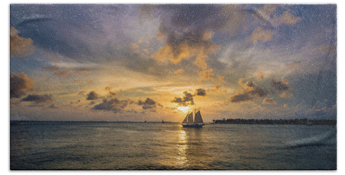 Key Beach Towel featuring the photograph Key West Florida Sunset and Sailboat Mallory Square by Robert Bellomy