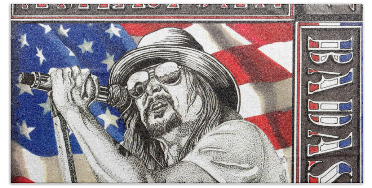 Kid Rock Beach Towel featuring the drawing Kid Rock American Badass by Cory Still