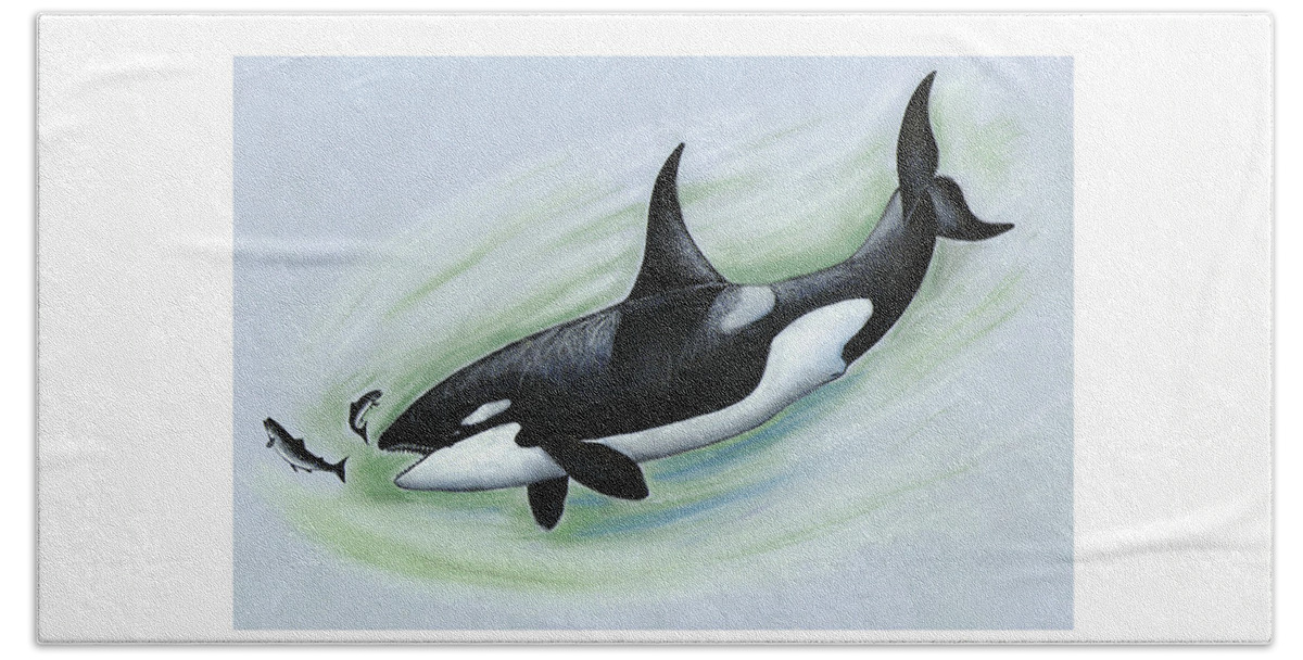 Whales Beach Towel featuring the pastel Killer Whale Feeding by Art MacKay