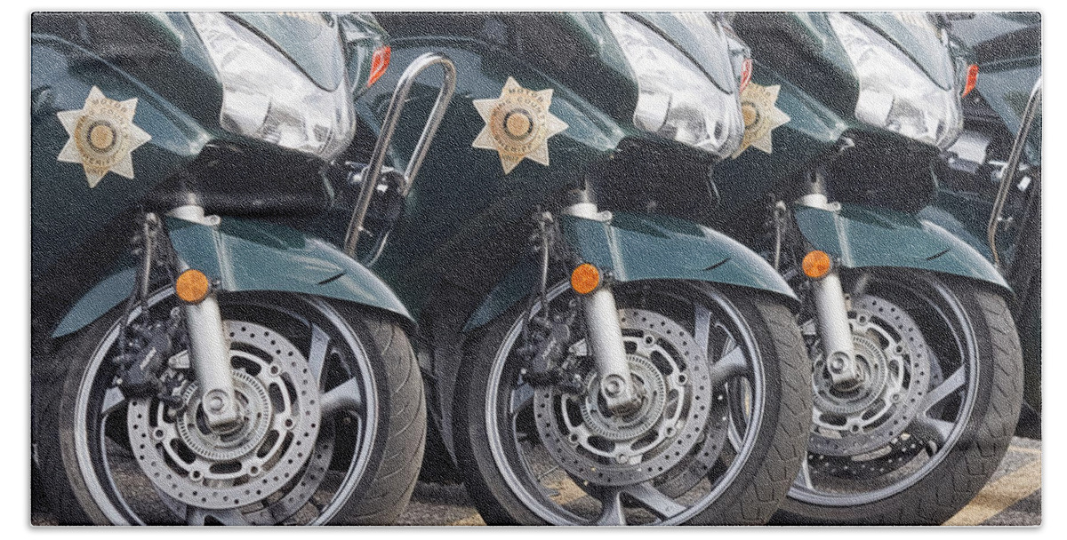 King County Police Motorcyle Beach Towel featuring the photograph King County Police Motorcycle by Wes and Dotty Weber
