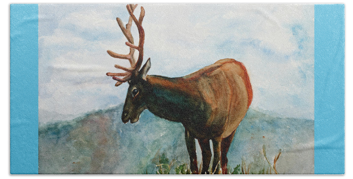 Elk Beach Sheet featuring the painting King of the Hill by Mary Benke