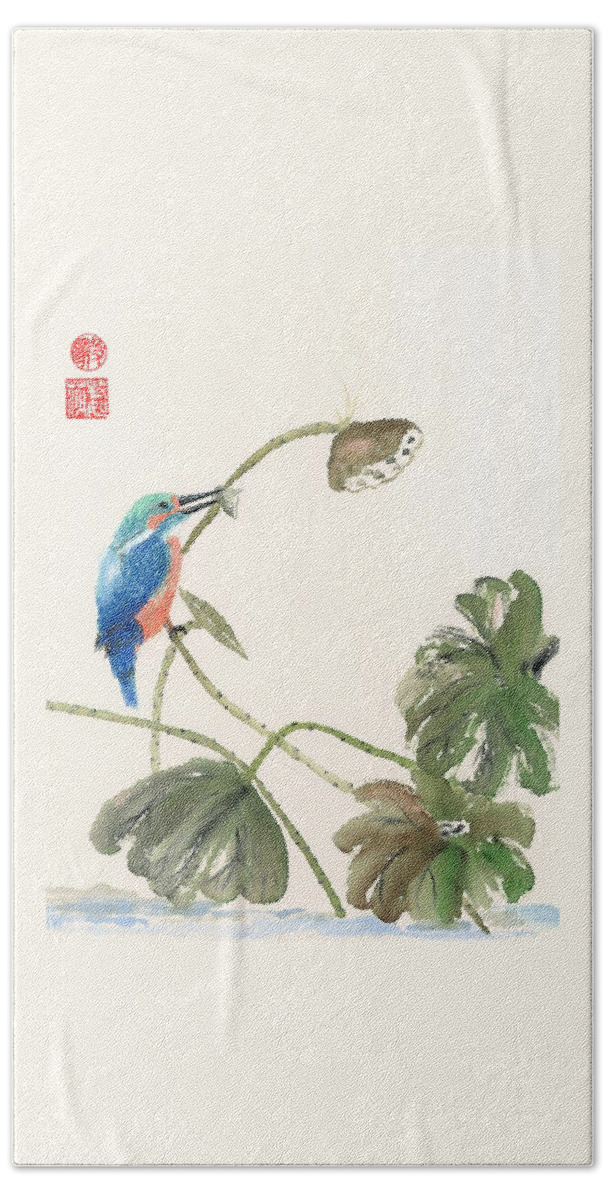 Bird Beach Towel featuring the painting Kingfisher Catch by Terri Harris