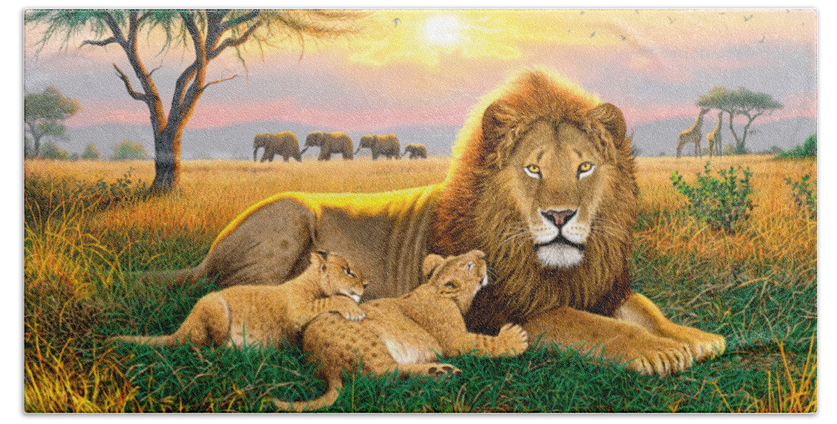 Animal Beach Towel featuring the photograph Kings Of The Serengeti by MGL Meiklejohn Graphics Licensing