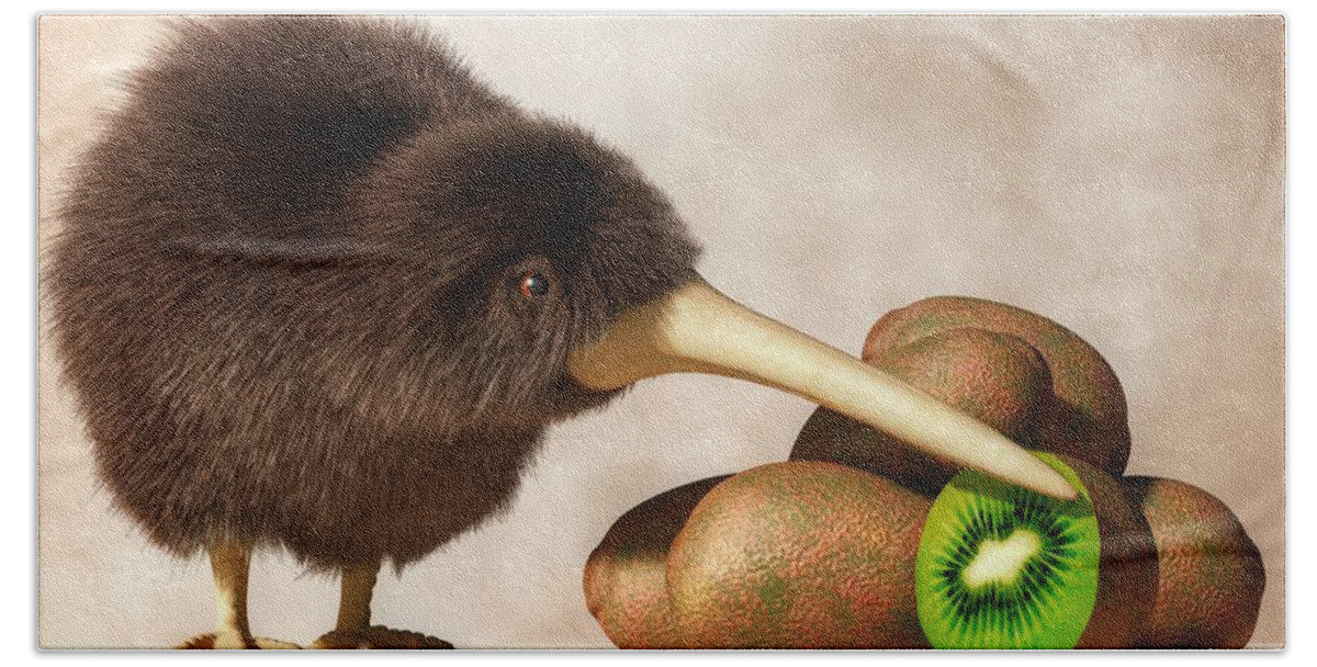 Kiwi Beach Towel featuring the digital art Kiwi Bird and Kiwifruit by Daniel Eskridge