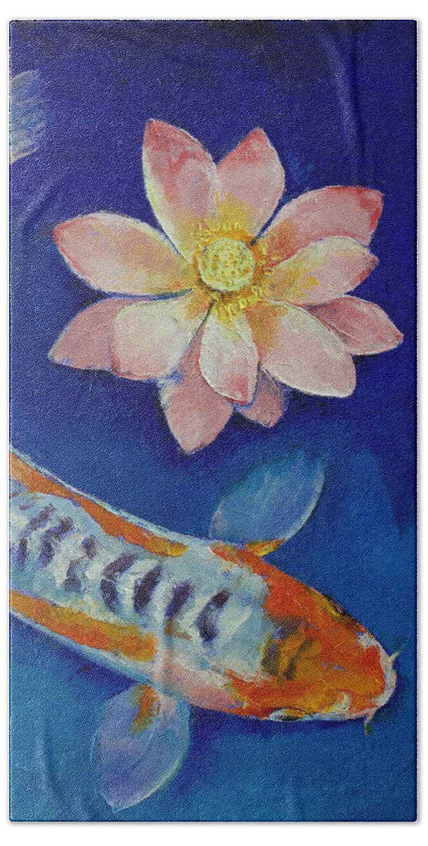 Lotus Beach Towel featuring the painting Koi Fish and Lotus by Michael Creese