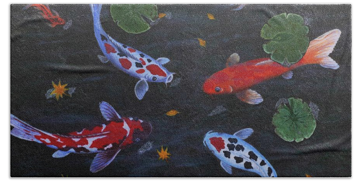 Koi Fish Beach Sheet featuring the painting Koi Fishes original acrylic painting by Georgeta Blanaru