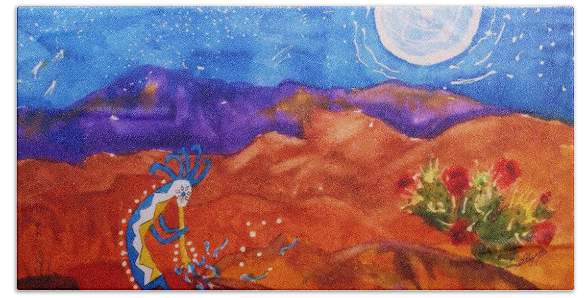 Kokopelli Beach Sheet featuring the painting Kokopelli Playing To The Moon by Ellen Levinson