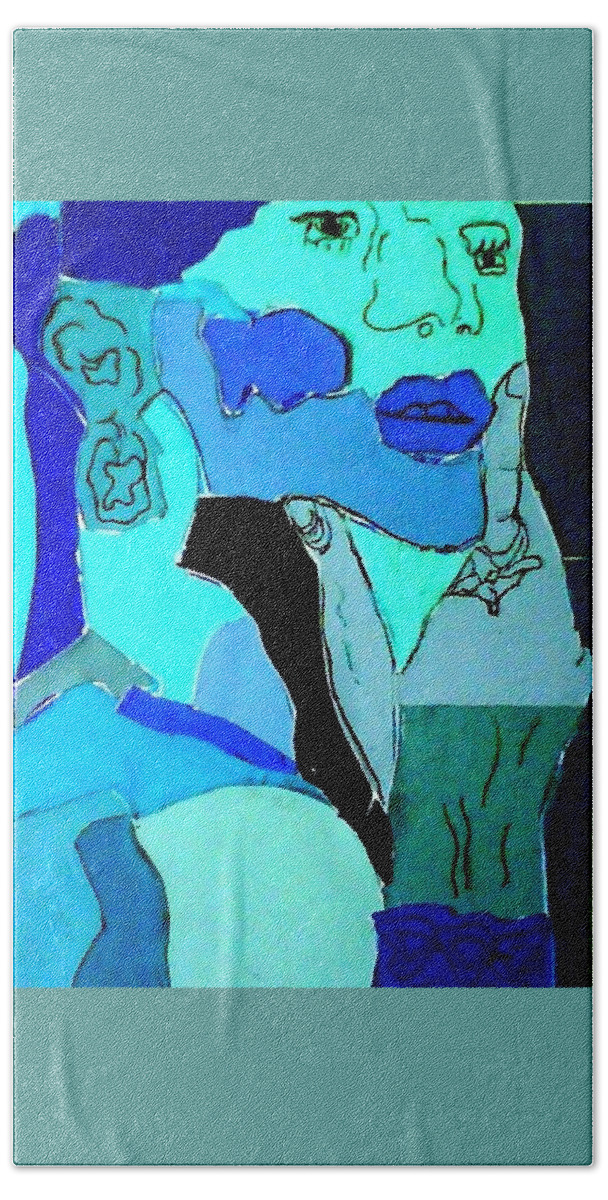 Lady Beach Towel featuring the mixed media Lady in Blue by Suzanne Berthier