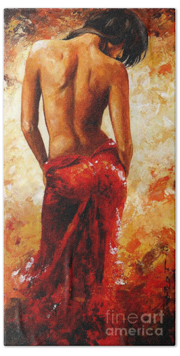 Lady Beach Towel featuring the painting Lady in red 27 by Emerico Imre Toth