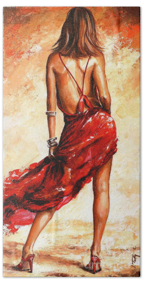 Lady Beach Towel featuring the painting Lady in red 40 by Emerico Imre Toth