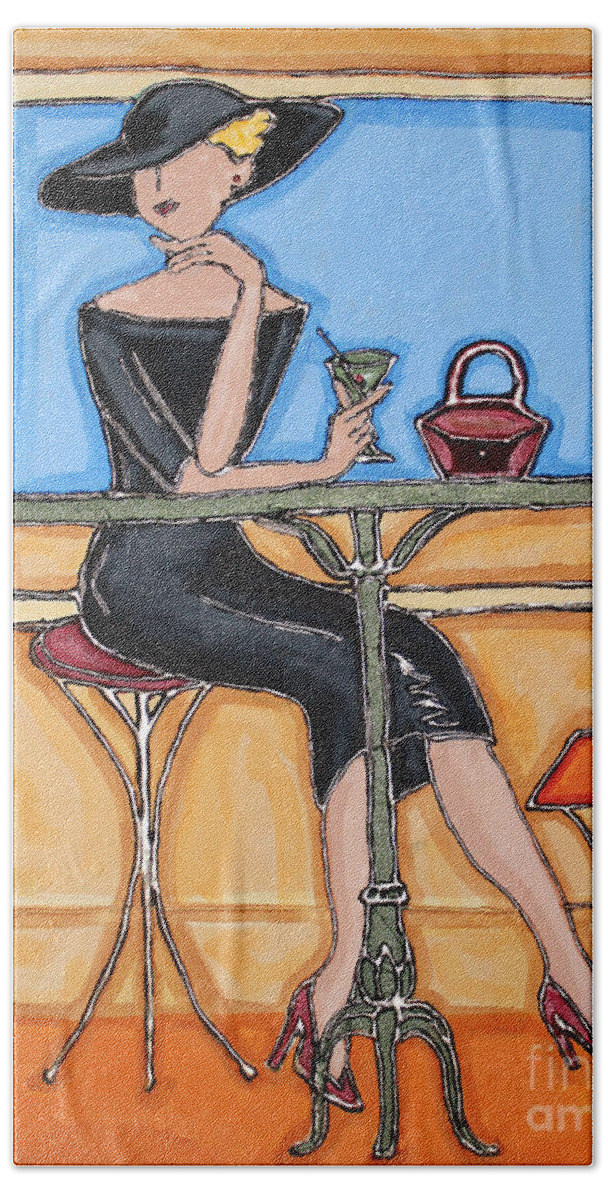 Lady Beach Towel featuring the painting Lady in Waiting with Martini by Cynthia Snyder