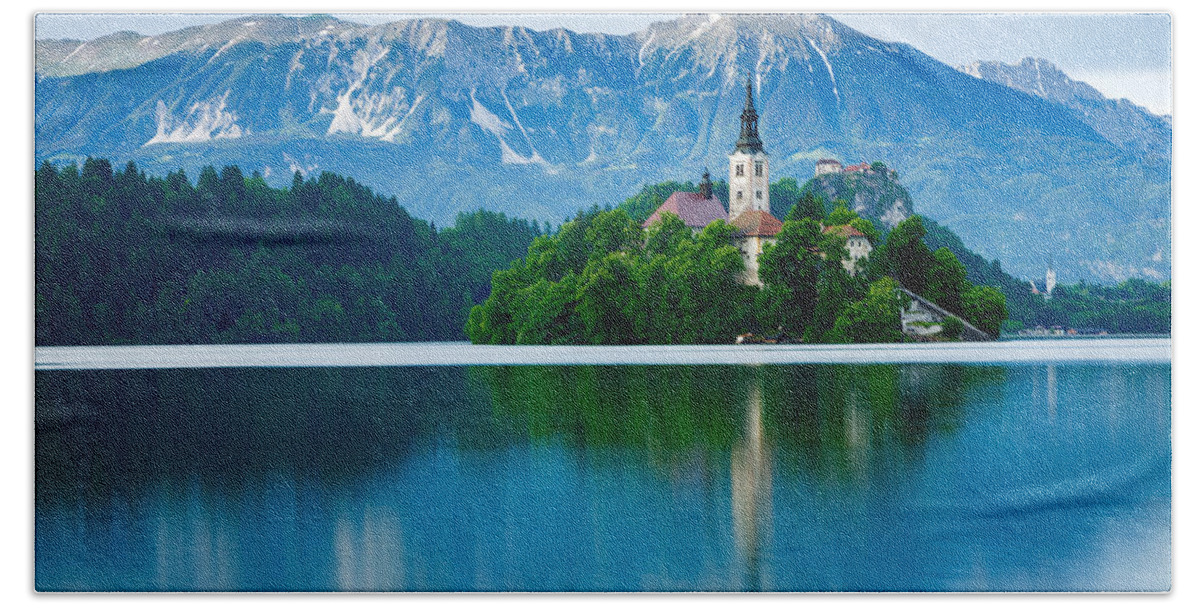 Bled Beach Sheet featuring the photograph Lake Bled Island church by Ian Middleton