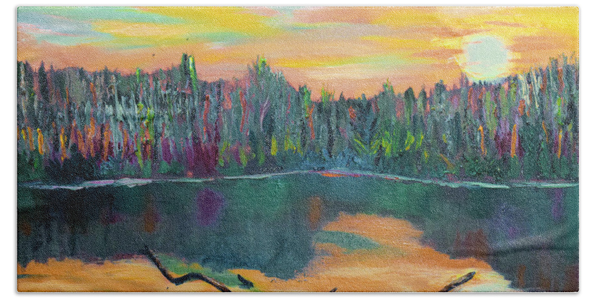 Sun Beach Sheet featuring the painting Lake Schwartzwood Sunset by Michael Daniels
