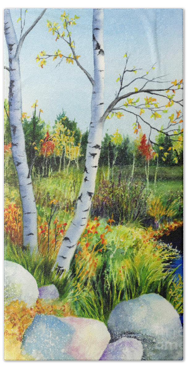 Birches Beach Towel featuring the painting Lakeside Birches by Hailey E Herrera