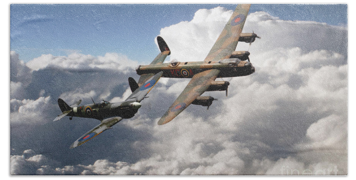 Supermarine Spitfire Beach Towel featuring the digital art Lancaster and Spitfire by Airpower Art