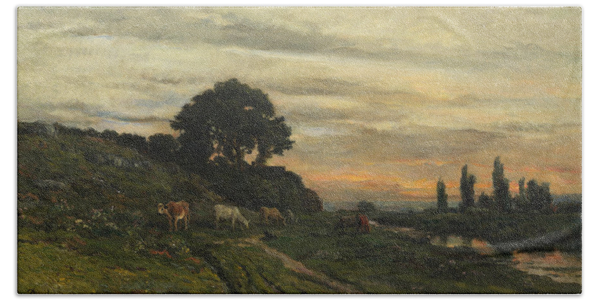 Charles-francois Daubigny Beach Towel featuring the painting Landscape with Cattle by a Stream by Charles-Francois Daubigny