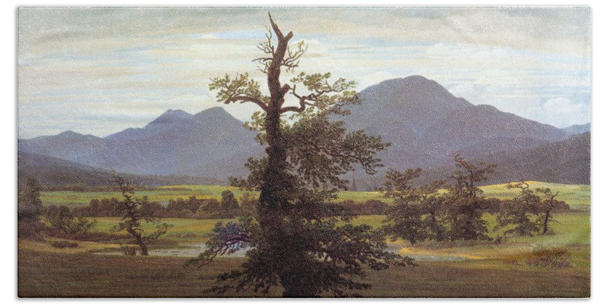Landscape Beach Towel featuring the painting Landscape with Solitary Tree by Caspar David Friedrich