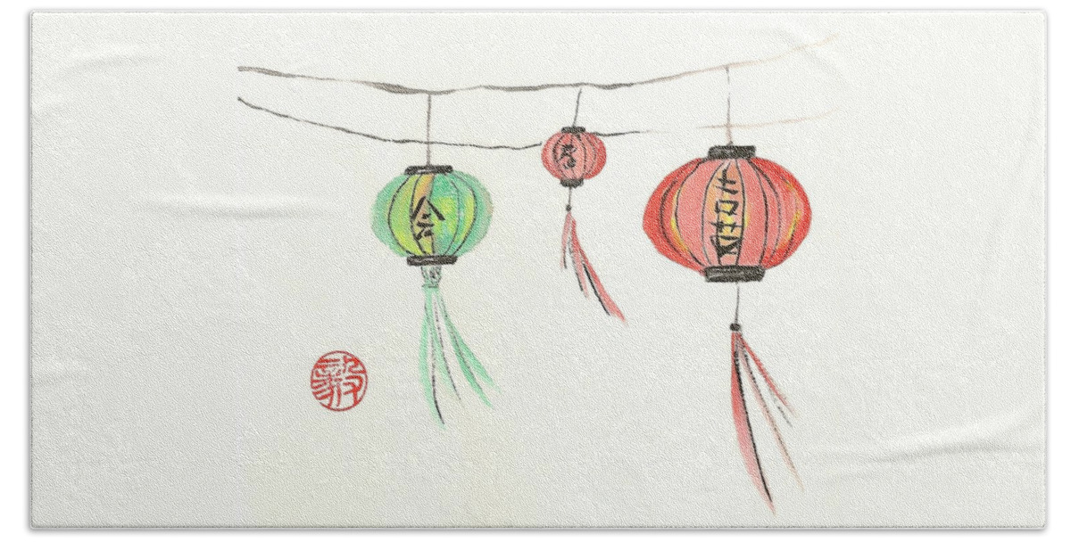 Japanese Beach Towel featuring the painting Lanterns by Terri Harris