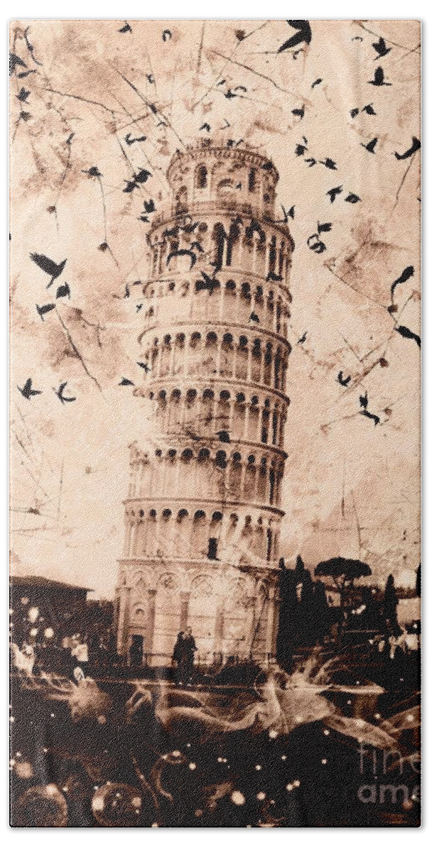 Leaning Tower Of Pisa Beach Towel featuring the digital art Leaning Tower of Pisa Sepia by Marina McLain
