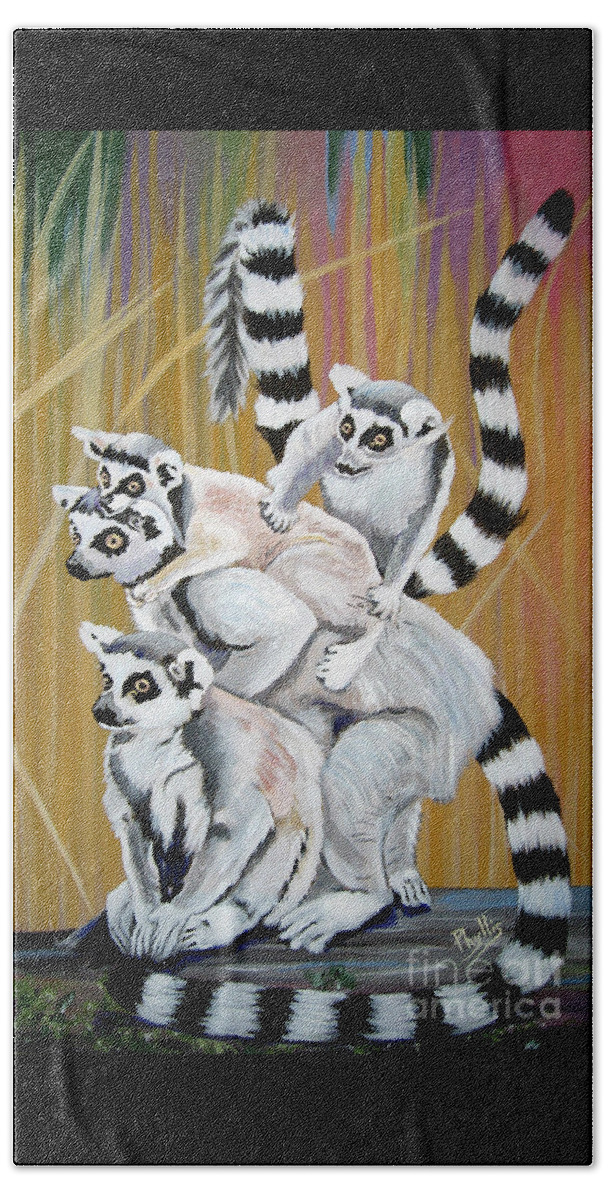 Lemurs Beach Towel featuring the painting Leapin Lemurs by Phyllis Kaltenbach