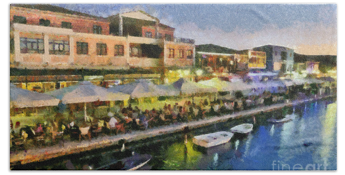 Lefkada; Lefkas; City; Town; People; Tourists; Dusk; Sunset Beach Towel featuring the painting Lefkada town during dusk time by George Atsametakis