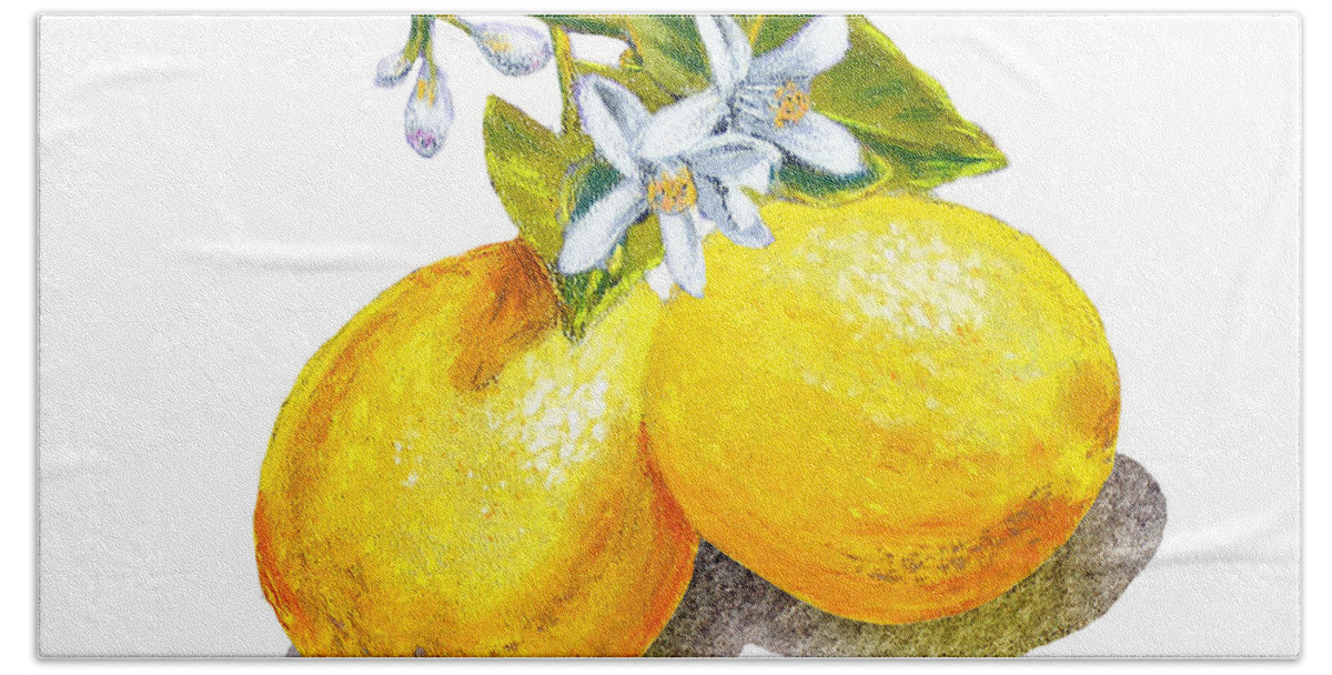 Lemon Beach Towel featuring the painting Lemons And Blossoms by Irina Sztukowski