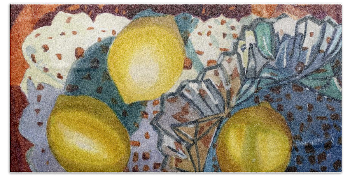 Glass Beach Towel featuring the painting Lemons and Glass by Lynne Reichhart