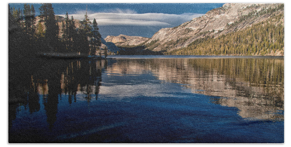 Lake Water Reflection Mountains Trees Forest Clouds Sky Blue eastern Sierra sierra Nevada Yosemite national Park California Landscape Scenic Nature Clear Day Beach Towel featuring the photograph Lenticular at Tenaya Lake by Cat Connor