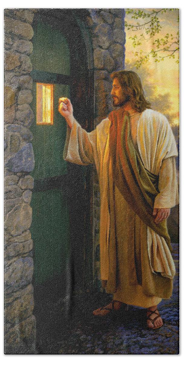 Jesus Beach Towel featuring the painting Let Him In by Greg Olsen