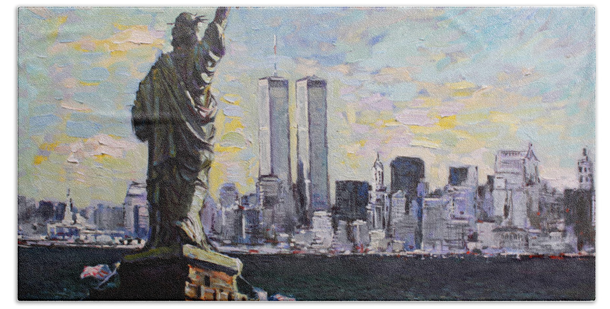 New York City Beach Towel featuring the painting Liberty by Ylli Haruni