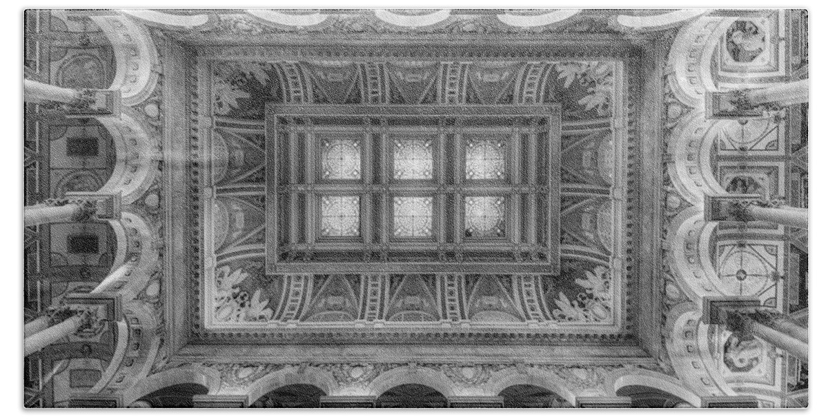 Beaux Arts Beach Towel featuring the photograph Library Of Congress Main Hall Ceiling BW by Susan Candelario