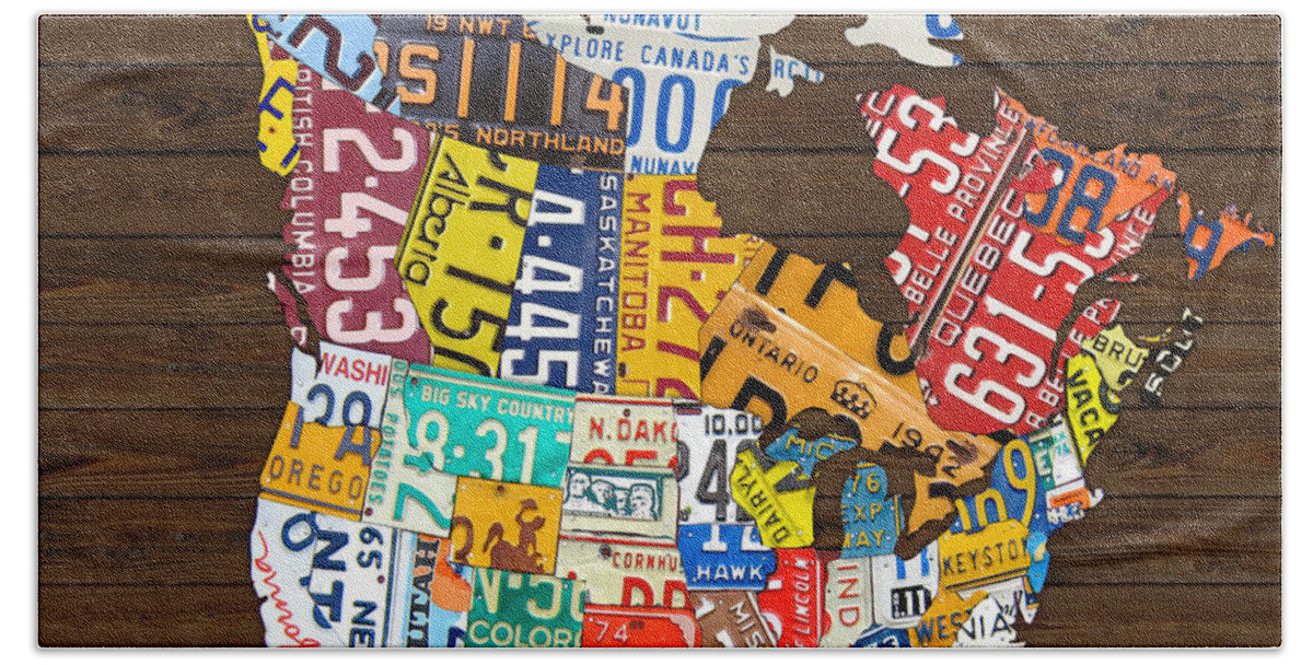 License Plate Map Beach Towel featuring the mixed media License Plate Map of North America - Canada and United States by Design Turnpike