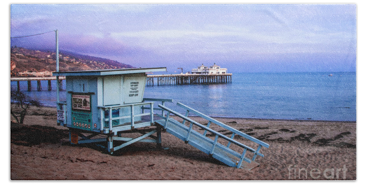 Lifeguard Tower And Malibu Beach Pier Beach Sheet featuring the photograph Lifeguard Tower and Malibu Beach Pier Seascape Fine Art Photograph Print by Jerry Cowart