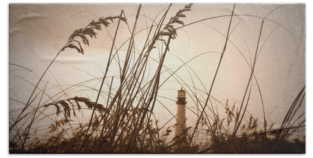Lighthouse Beach Towel featuring the photograph Lighthouse in the Distance inn Sepia by Laurie Perry