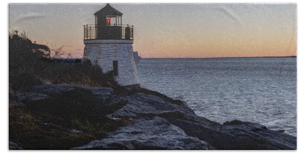 Andrew Pacheco Beach Towel featuring the photograph Lighthouse On The Rocks at Castle Hill by Andrew Pacheco